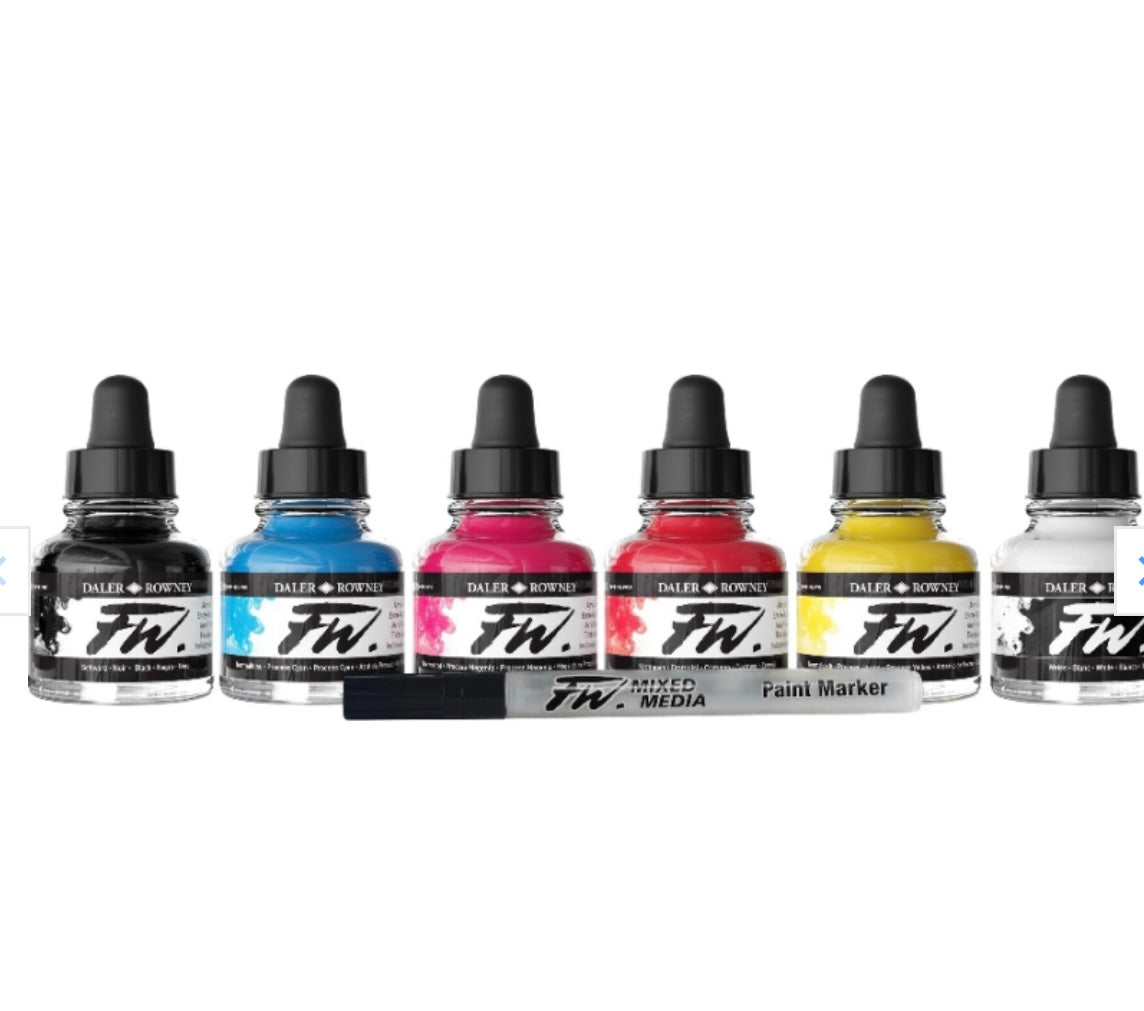 KIT PINTURA PARA AERÓGRAFO COLORES BÁSICOS, PINTURA ACRÍLICA DILUIDA - DALER ROWNEY ACRYLIC INK 29.5ML - 6 UNIDADES