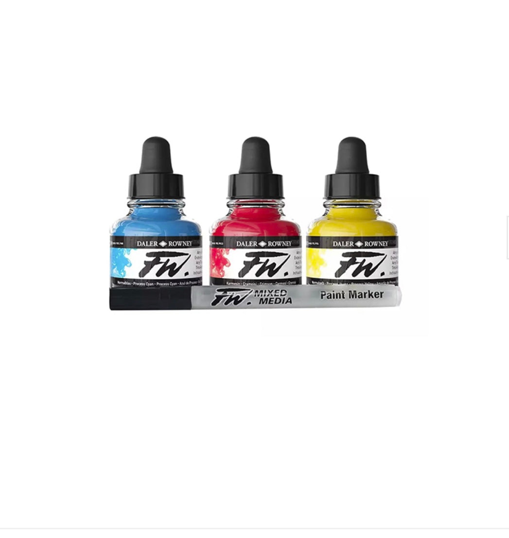 KIT PINTURA PARA AERÓGRAFO COLORES BÁSICOS, PINTURA ACRÍLICA DILUIDA - DALER ROWNEY ACRYLIC INK 29.5ML - 3 UNIDADES